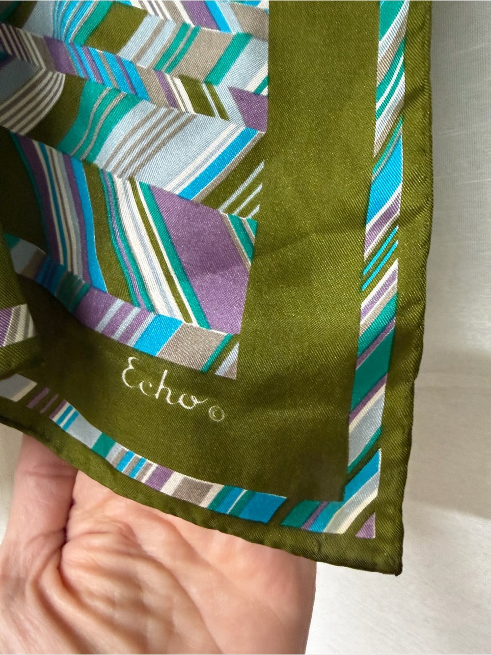Echo Striped 100% Silk Scarf with Olive Border. - Picture 2 of 5